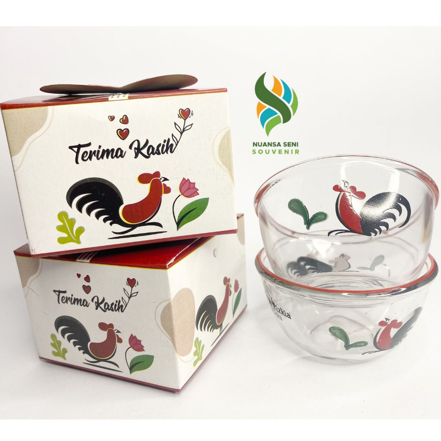 Souvenir Mangkok Sambal Kaca BIB3.75B Ayam Jago Bening Mangkuk Saos Beling Motif Estetik Kemas Paper