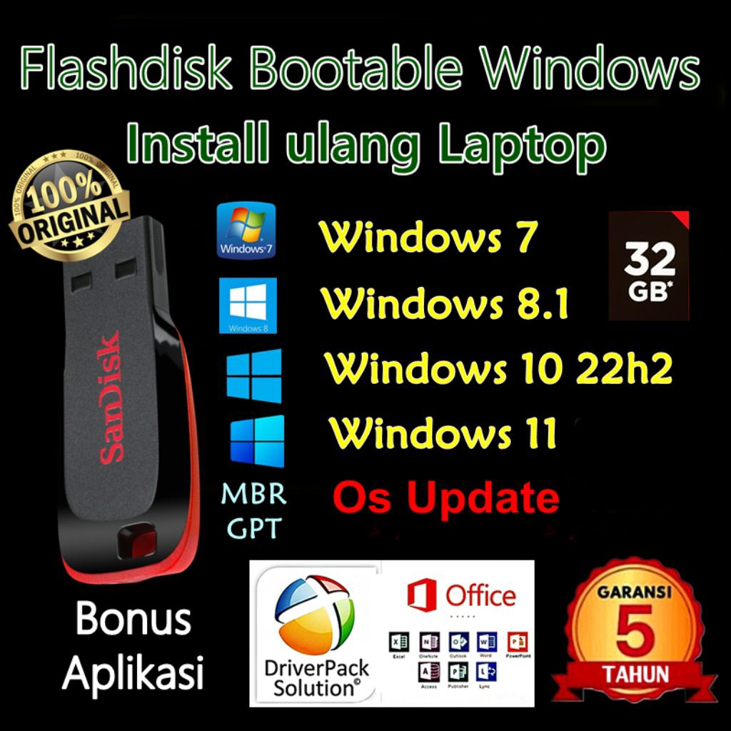 Flashdisk MultiBootable Windows 7 8.1 10 11 Sandisk 32GB