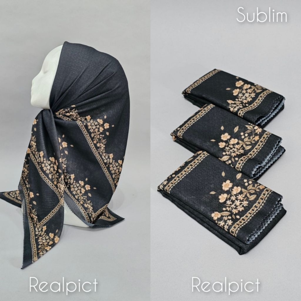 HIJAB SEGI EMPAT VOAL MOTIF BUNGA KECIL HITAM GOLD