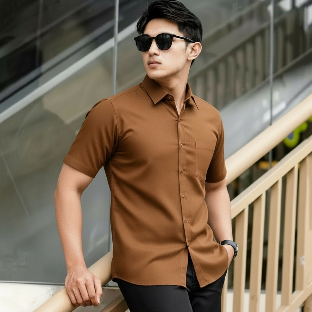 Sallamahgo Kemeja Pria Polos Biru Lengan Pendek Tekstur 3D | Poshboy Leisure Shirt