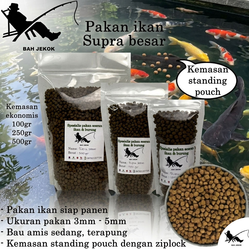 Pelet Supra Besar Apung Umpan & Pakan Ikan Jitu Kolam & ikan Laut SP (100gr - 500gr).