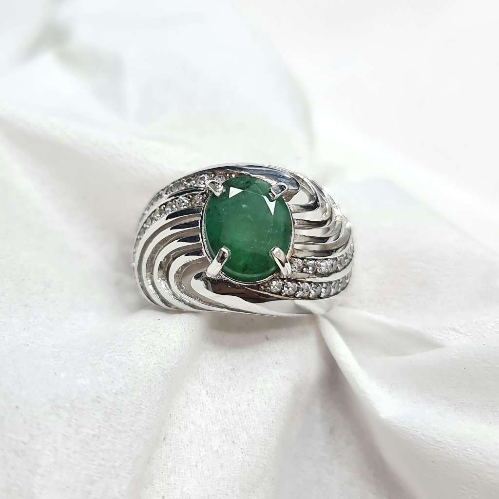 Natural 3.05 CT Zambian Emerald Beryl Silver 925 Mens Ring Perak 925