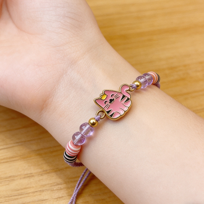 Gelang manik-manik anyaman baru, tali ungu yang dapat disesuaikan/motif kucing merah muda/desain kar