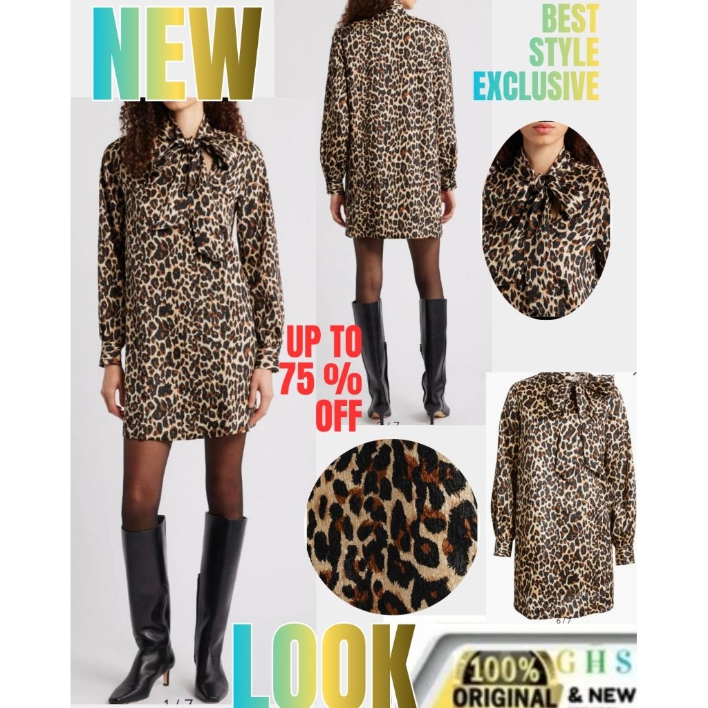 DRES HM WANITA LEOPARD PRINT LONG SLEVEETIE- NECK SHIFT DRES Exclusive Para Bintang Holliwood Para M