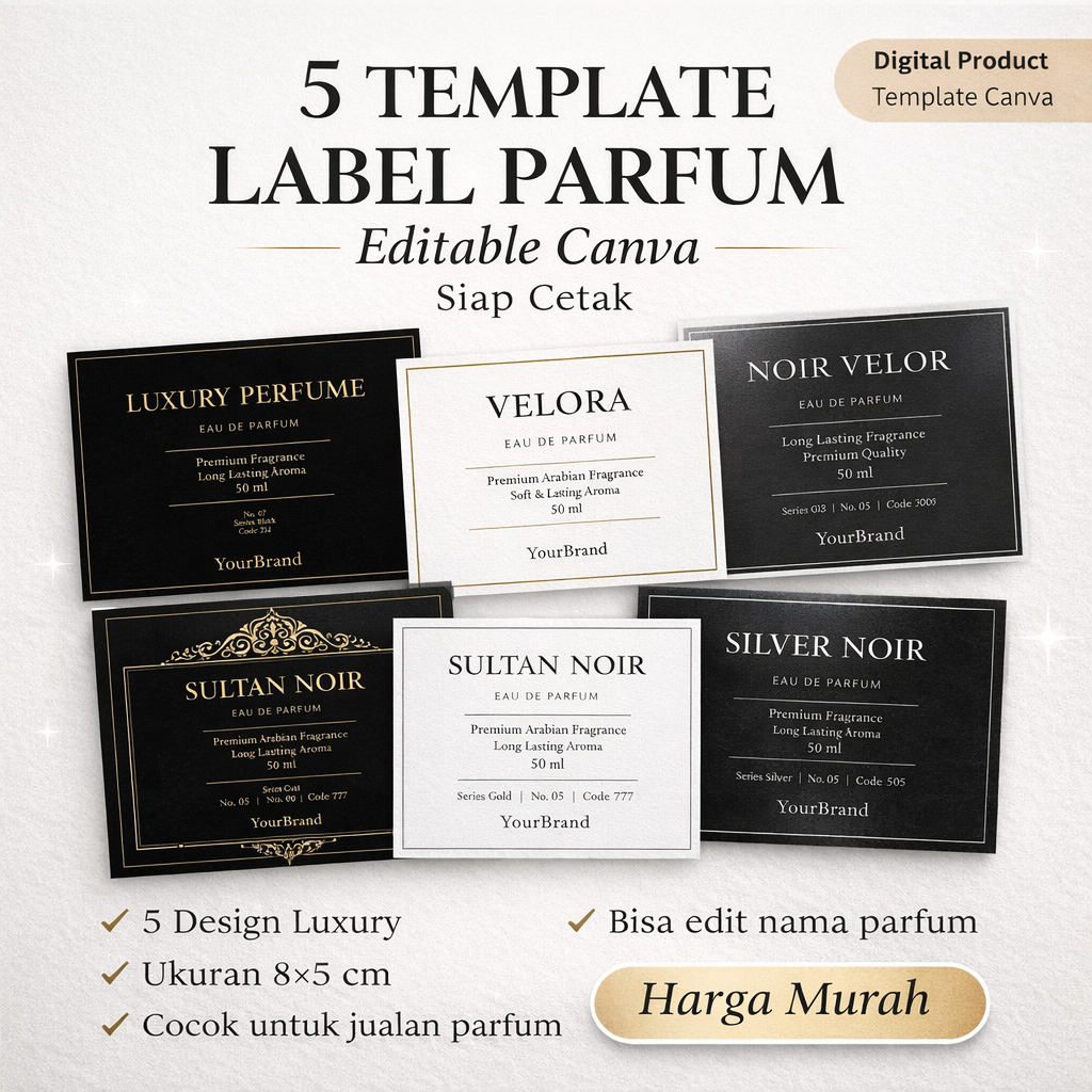 Template Label Parfum Canva Editable 5 Desain | Stiker Parfum Luxury | Siap Cetak 8x5 cm
