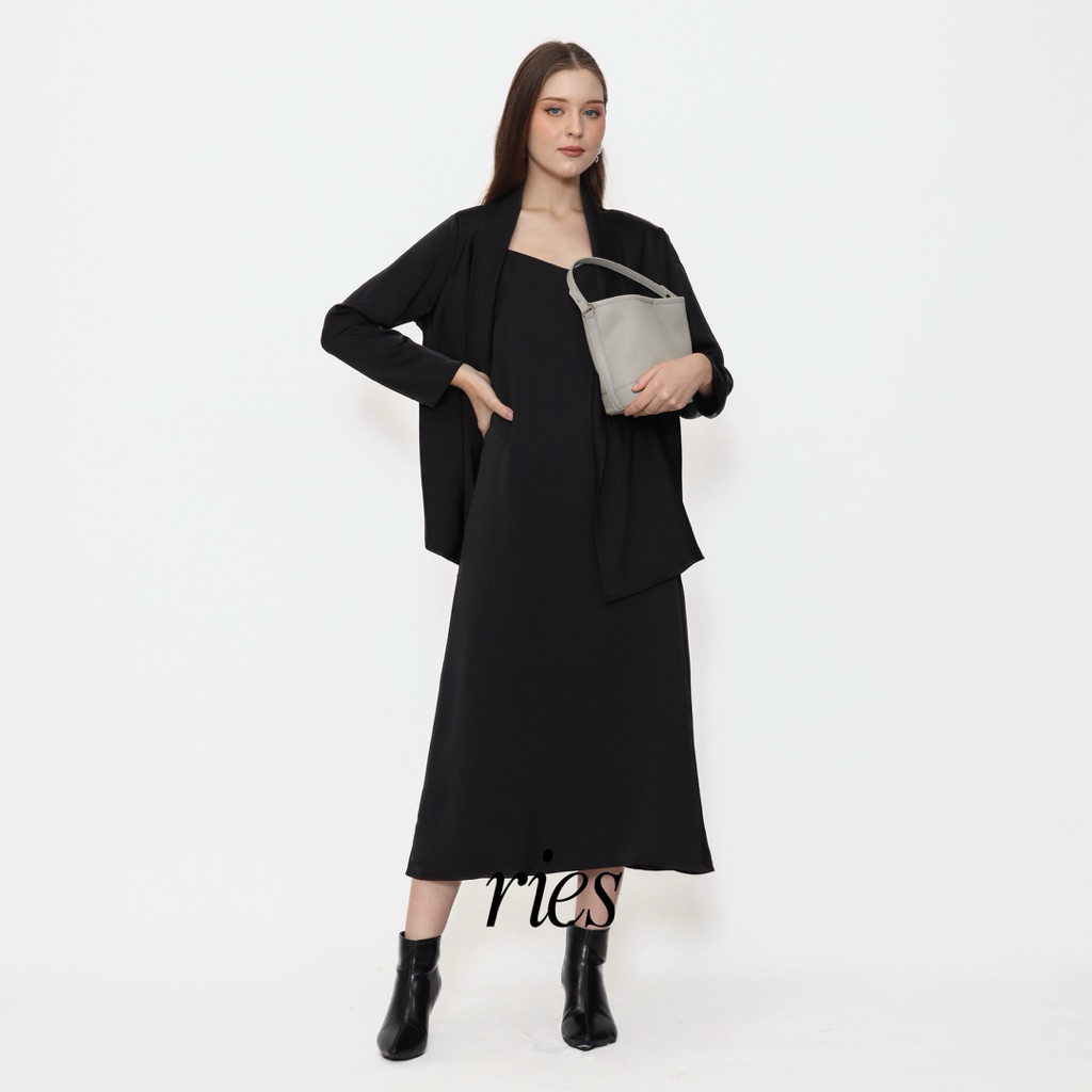 Set Dress Hitam Wanita Outer Elegant Black Layered Dress Formal Casual