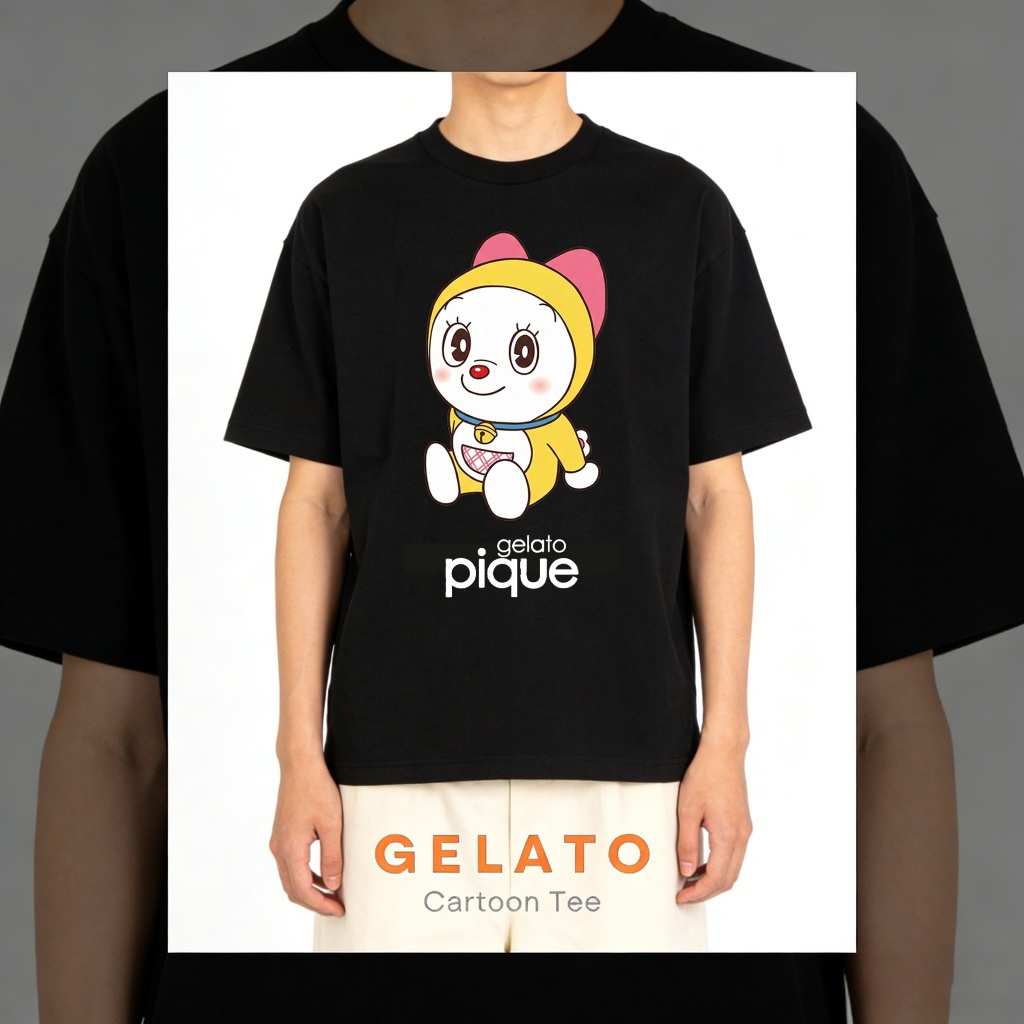 Gelato Pique Official Store Kaos oblong dengan motif kartun Doraemon Dorami, Kaos Unisex, Kaos Distr