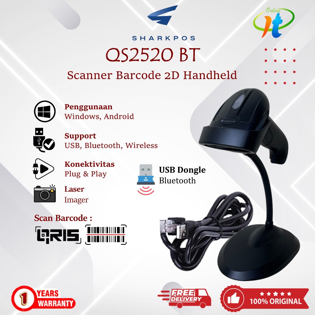 Barcode Scanner Bluetooth QR Sharkpos QS2520 BT USB Scan Barcode 1D 2D Include Stand Auto Scan