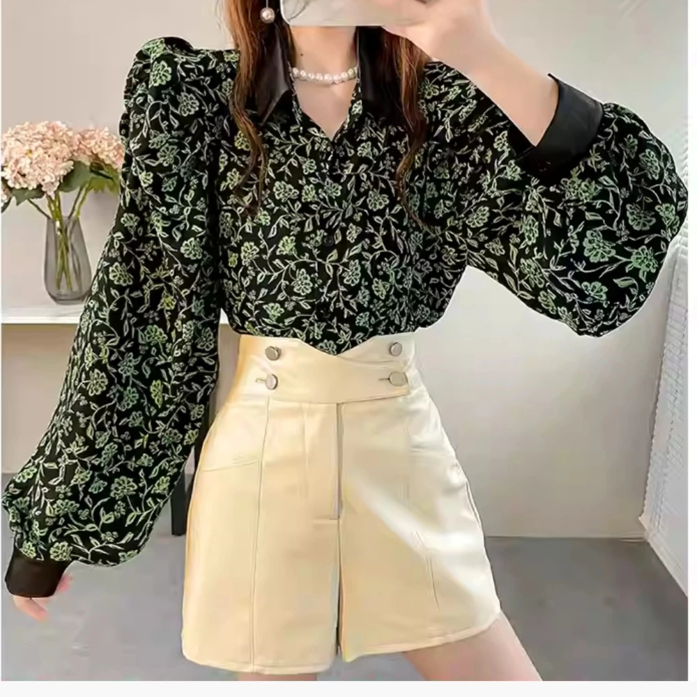 [KOREAN LOOK] Kemeja Floral Puff Sleeve Premium - Blouse Wanita Lengan Balon Motif Bunga - Atasan Ke