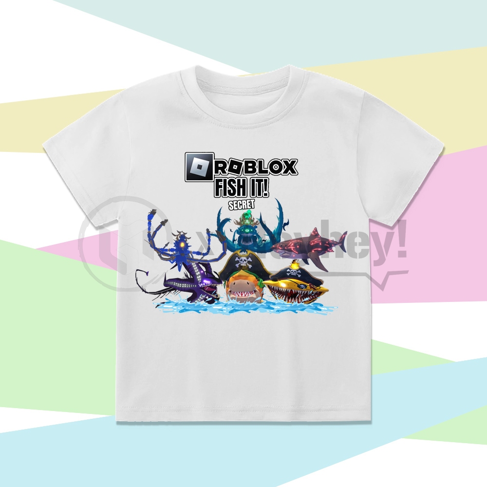 Baju Kaos Anak Roblox Fish It Secret Megalodon Cursed Kraken Robot Leviathan