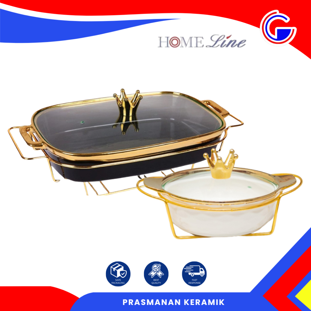 Home Line Prasmanan Keramik Dengan Rak Gold & Tutup Kaca | Set Wadah Sajian Mewah Lebaran Handle Mah