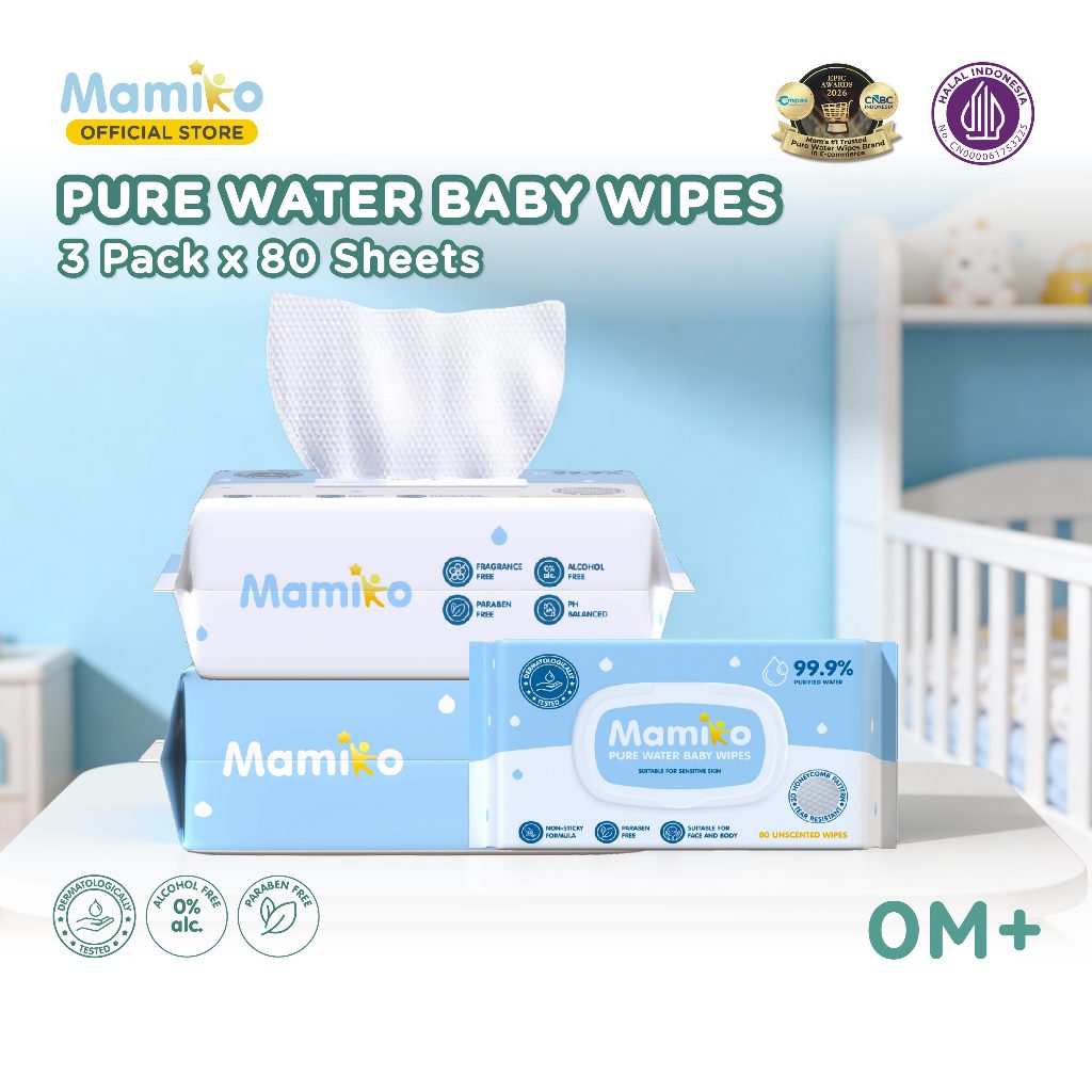 Mamiko Wet Tissue Baby Wipes Pure Water Hand Mouth 80s (isi 80 lembar) - Tisu Basah Bayi Non Alkohol