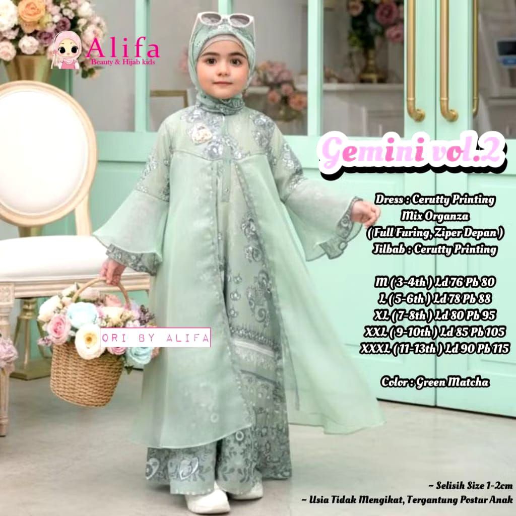 Gemini Set Syari Kids Vol 2 Setelan Gamis Ceruty Printing Mix Organza dan Jilbab Segi Empat Ceruty P