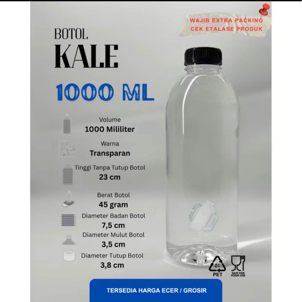 Botol Plastik 1 Liter Tutup Hitam - Bening, Polos, dan Tidak Tahan Panas