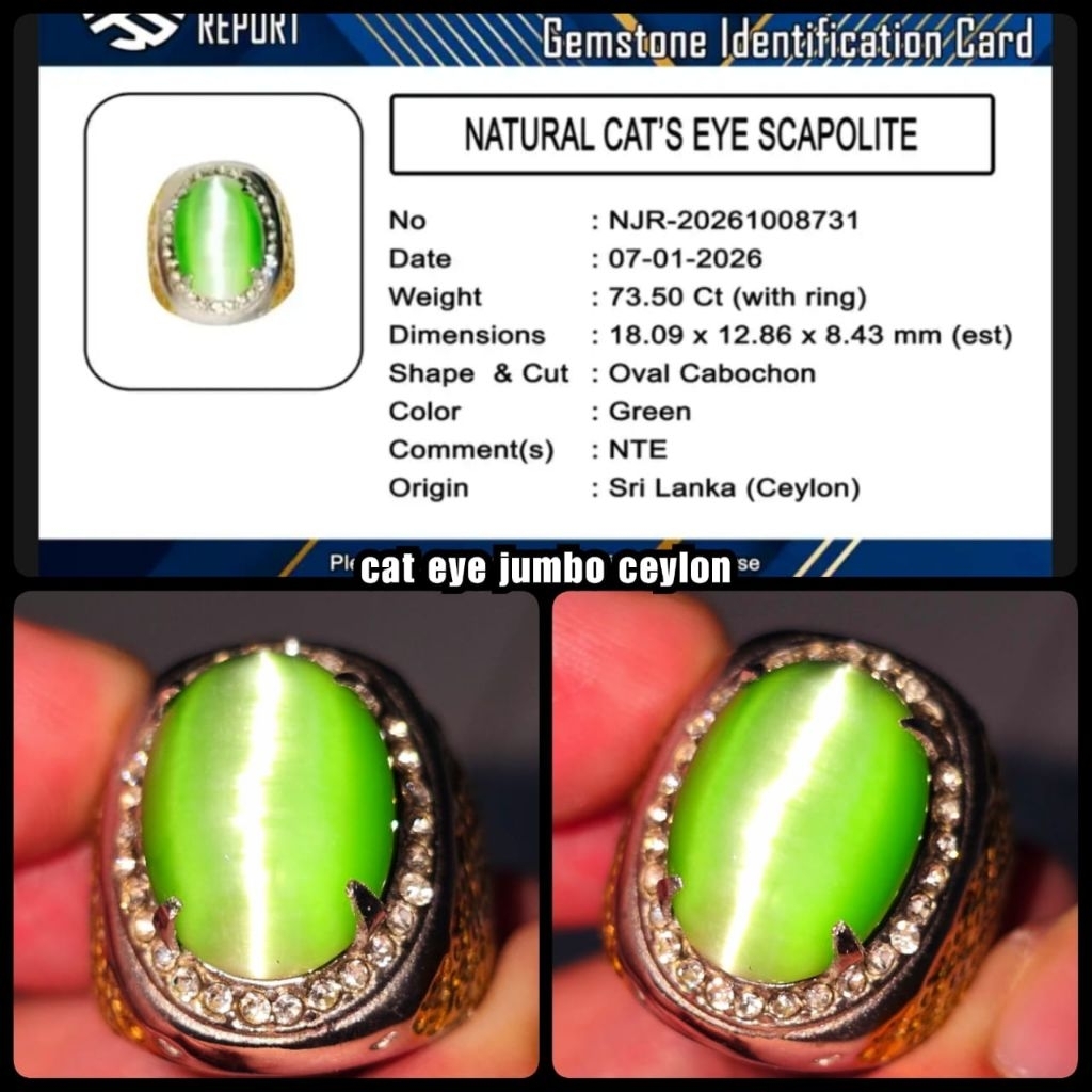 BATU CAT EYE CEYLON SUPER CEYLON  + MEMO LAB ID CARD