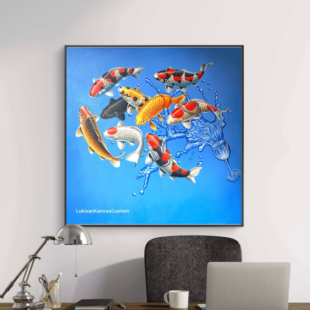 LUKISAN IKAN KOI 3D HIASAN DINDING RUANG TAMU AESTETIK