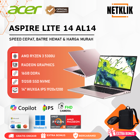 Laptop Acer Aspire Lite 14 AL14 AMD Ryzen 3 5300U 16GB/512GB IPS WUXGA W11 OHS+365
