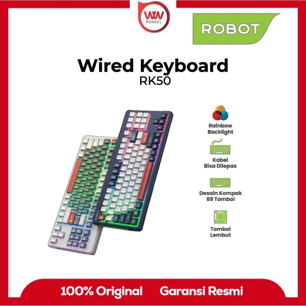 ROBOT RK50 Wired Keyboard Kabel Rainbow Backlight Type-C 89 Tombol Kompak Lembut Senyap Ergonomic De