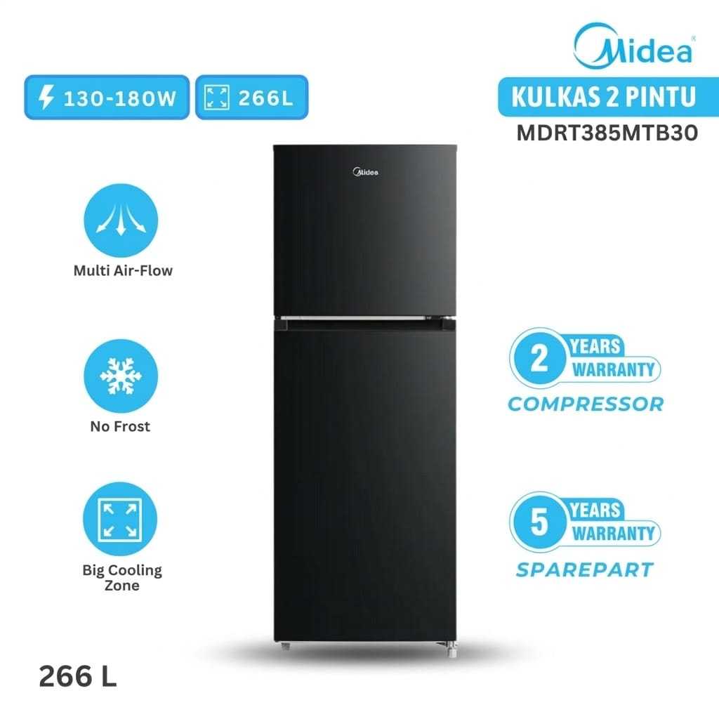 Midea Kulkas 2 Pintu 266L Freezer Besar Tanpa Bunga Es Non Inverter MDRT385MTB30-ID Garansi Resmi