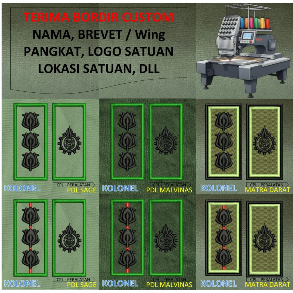 PATCH BORDIR brevet TNI TANDA PANGKAT PERWIRA PDH PDL TNI AD MALVINAS SAGE MATRA DARAT KOSTRAD EMBRO