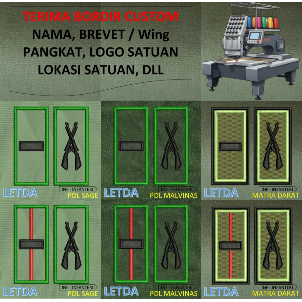 PATCH BORDIR brevet TNI TANDA PANGKAT PERWIRA PDH PDL TNI AD MALVINAS SAGE MATRA DARAT KOSTRAD EMBRO