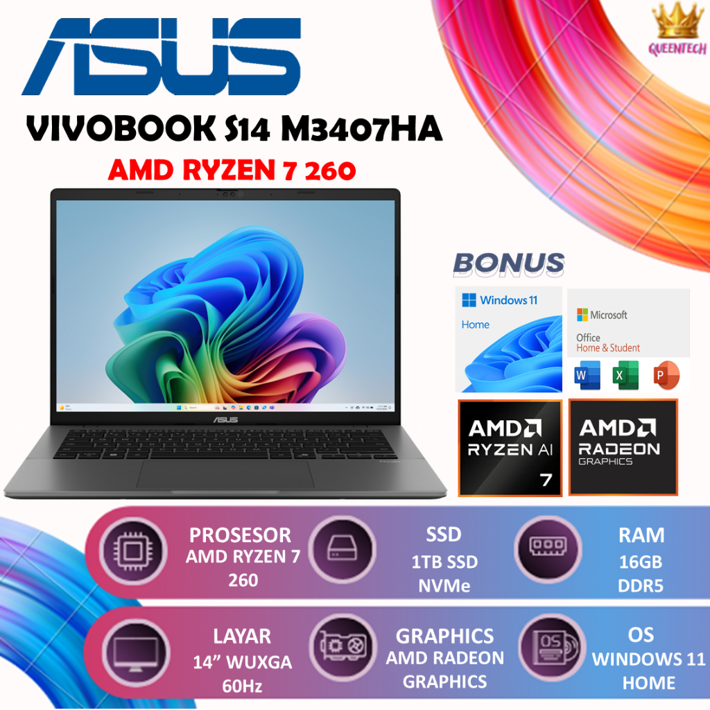 ASUS Vivobook S14 M3407HA Ryzen 7 260 16GB 1TB 14" WUXGA IPS Laptop