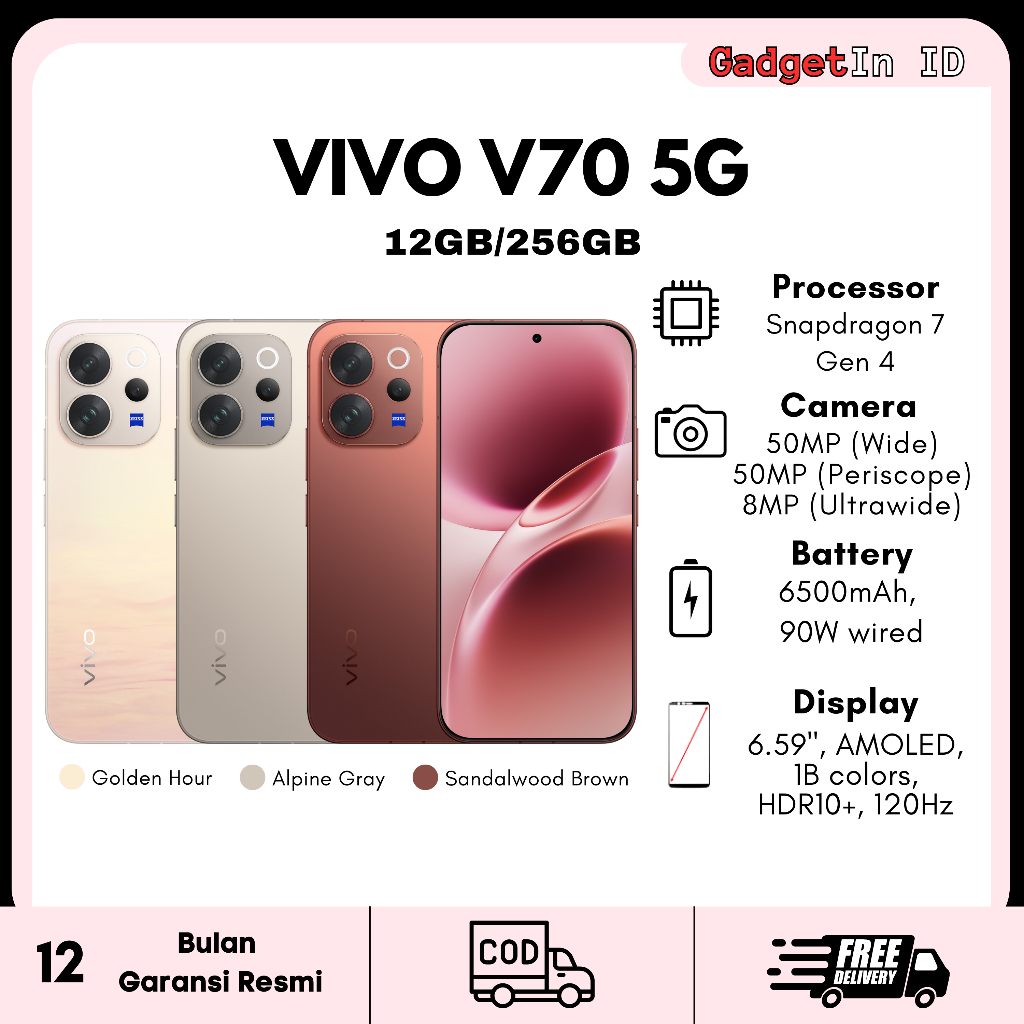 VIVO V70 5G 12GB/256GB - Snapdragon 7 Gen 4 - Garansi Resmi Naional