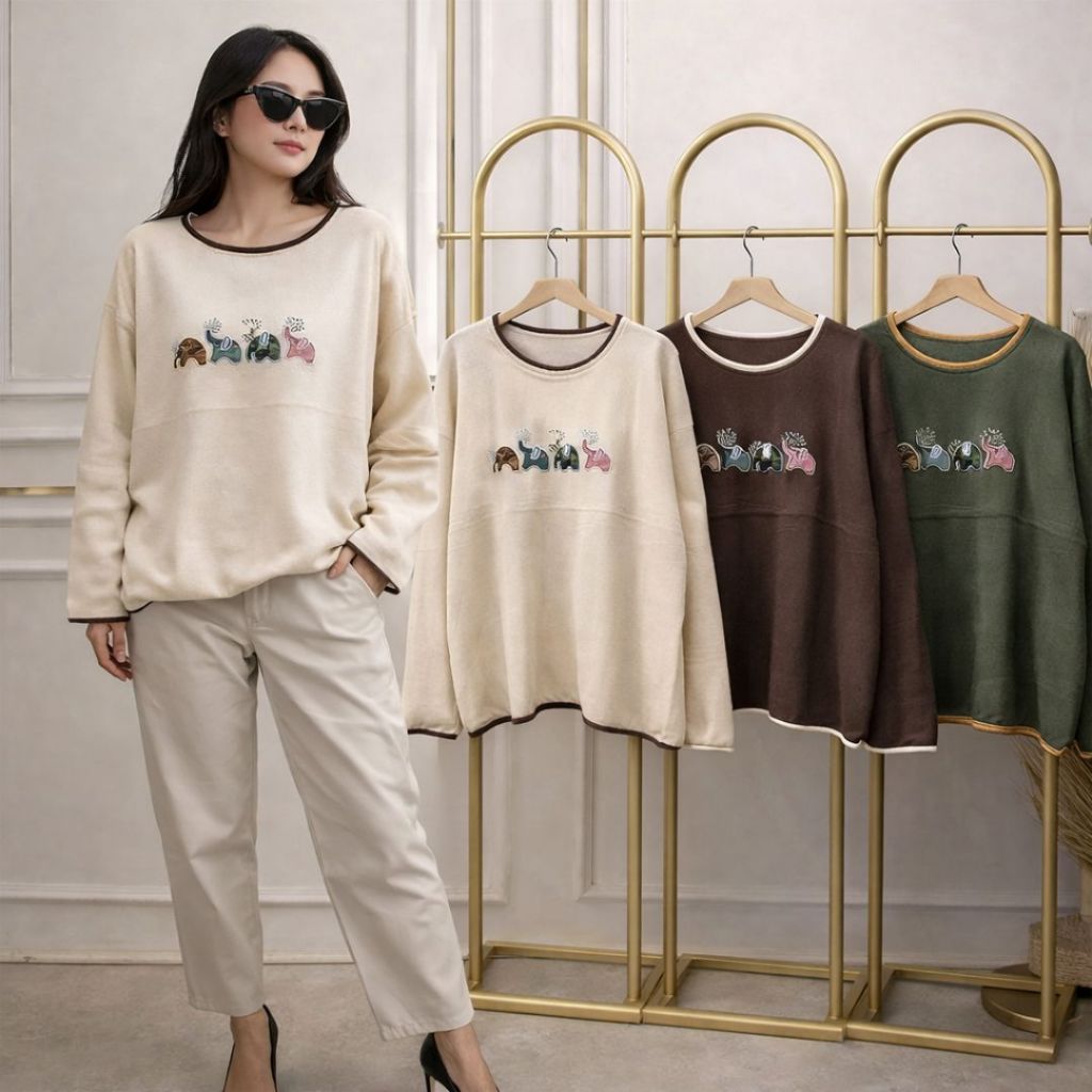 Sweater Rajut Wanita Import Bordir Elephant Oversize Premium | Kaos Rajut Wanita Korea LD 120 | Swea