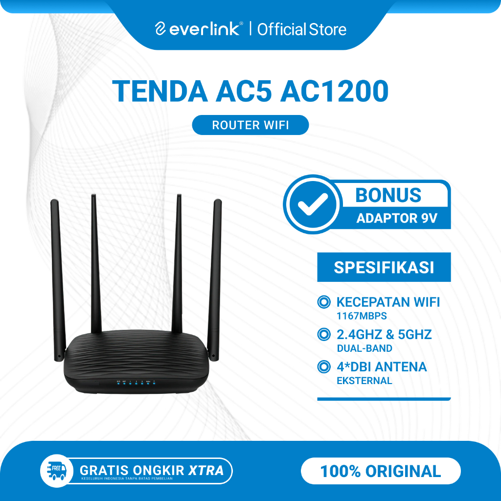 Tenda AC5 AC1200 Wireless Router WiFi Dual-Band 2.4GHz & 5GHz Bekas 4 Antena Original Bonus Adaptor