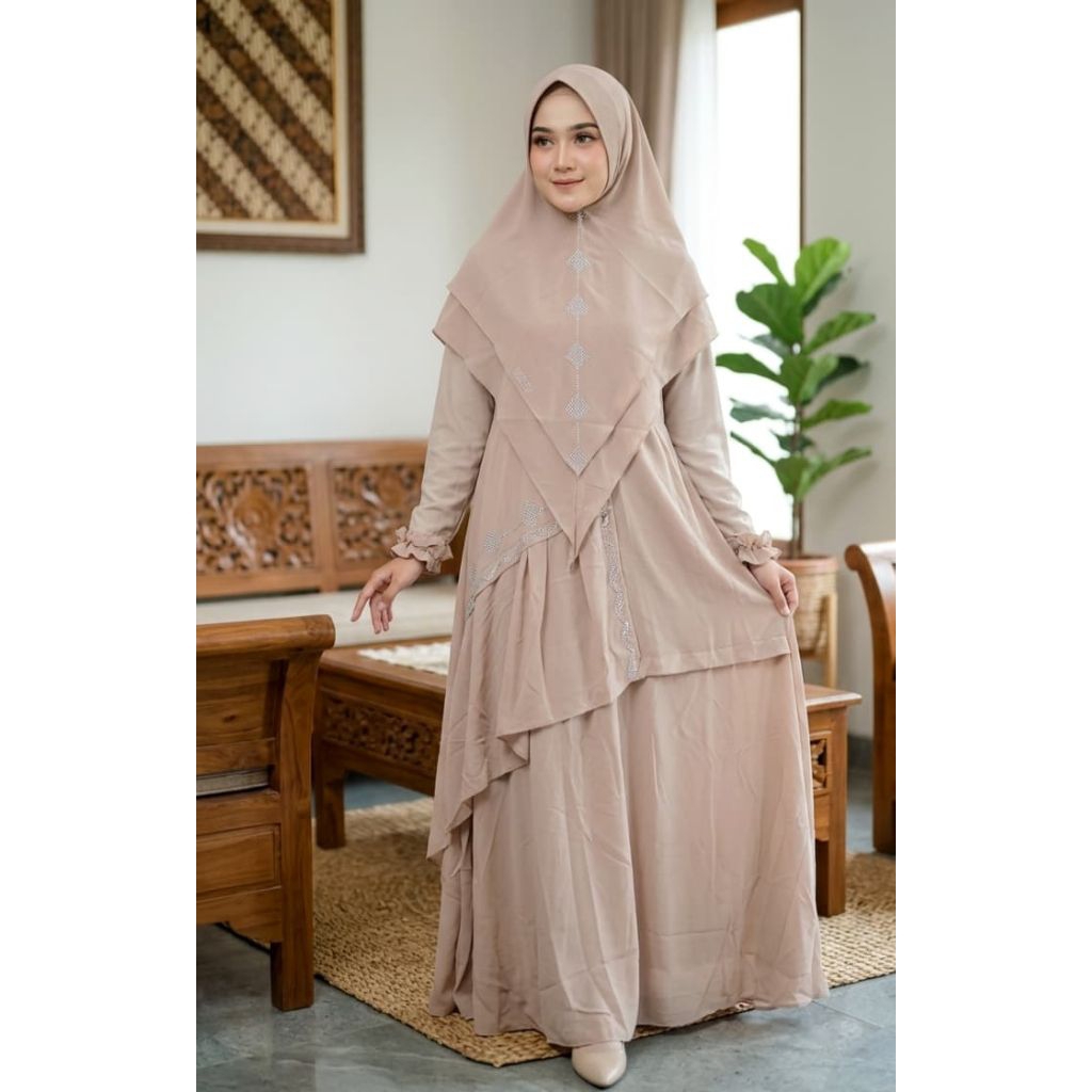 GAMIS SYARI LEBARAN CERUTY SWAROVSKI ESSY DEWASA LD 105-125 PB 140-145LEBAR JUMBO TINGI READY STOK B