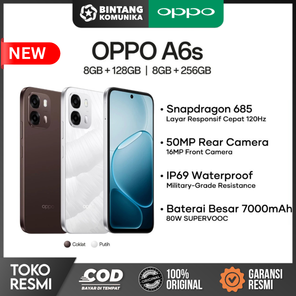 [NEW] Oppo A6s 8/128GB 8/256GB 6.75" 120Hz Snapdragon 685, NFC HP Oppo Terbaru 2026 Garansi Resmi