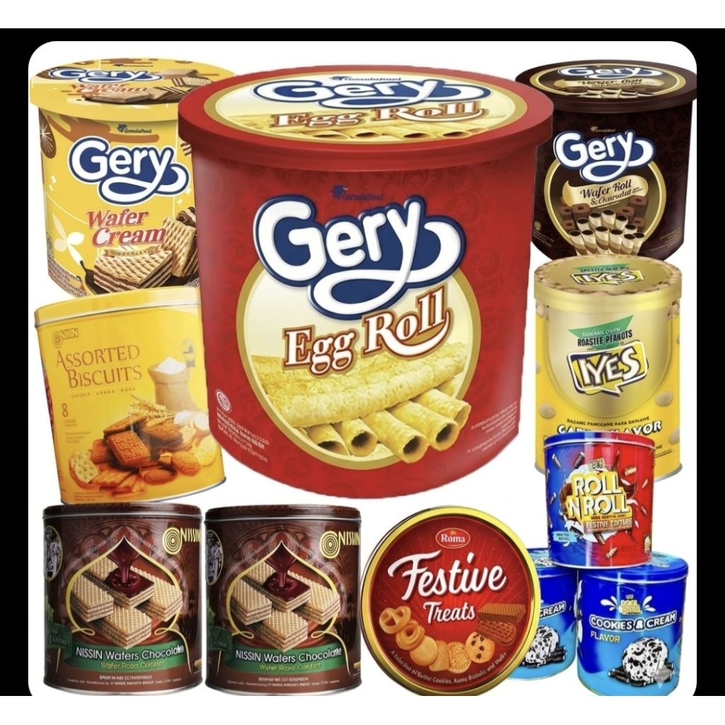 Aneka jajan Lebaran kaleng satuan Gery egg roll/gery butter/nabati/nissin/monde