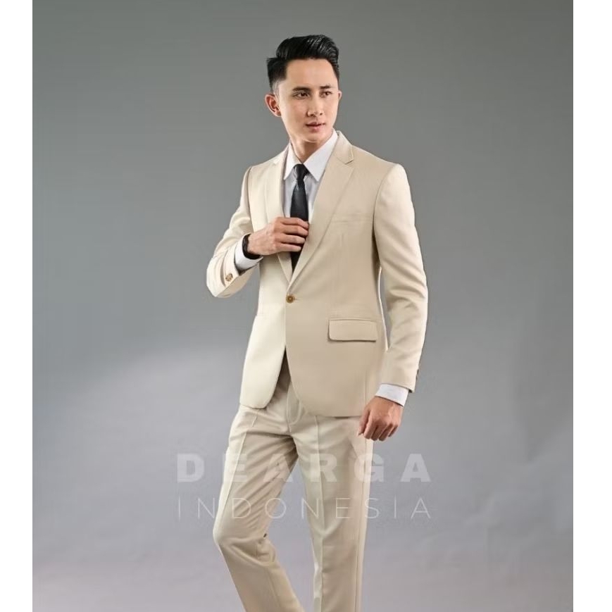 Dearga DAZA Cream Setelan Jas Celana Pria Formal Slimfit Anak Muda Wisuda