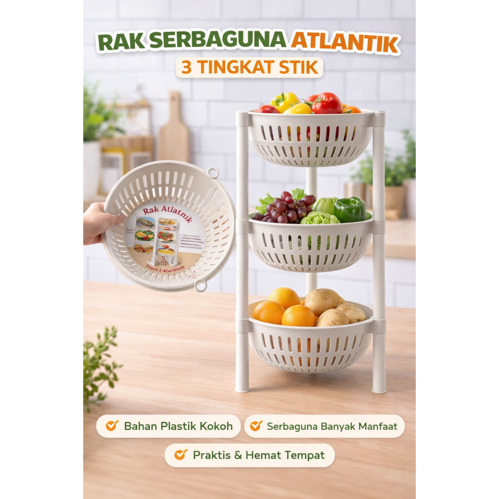 Rak Buah 3 Tingkat Serbaguna | Rak Dapur Multifungsi Tempat Buah Sayur Snack | Rak sayur atlantik
