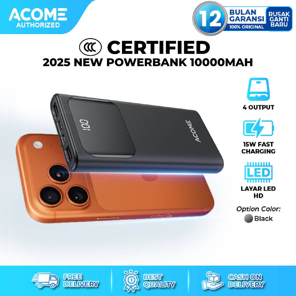 ACOME Powerbank 10000mAh 4 Output Fast Charging 15W LED Display AP113 for Iphone Samsung Xiaomi Huaw