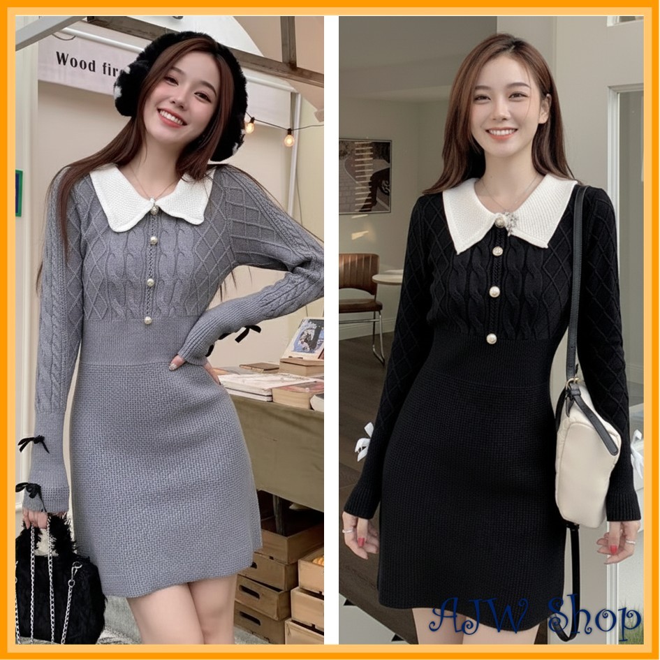 AJW Dress Rajut Woll Variasi Kancing Lengan Panjang STA | Long Dress Knit Tebal Premium | Dress Wani