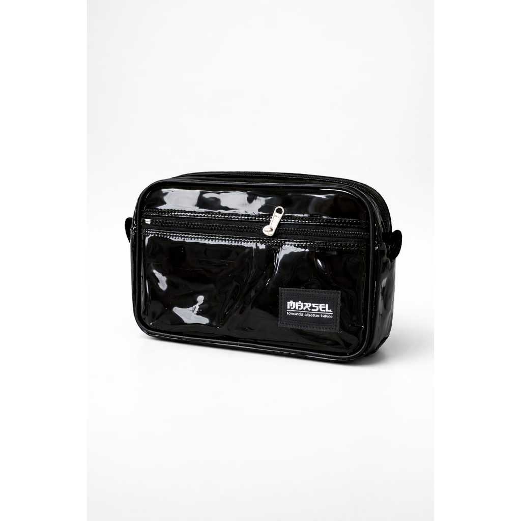 Tas selempang mika hitam pvc tas mika 0.6 tas slingbag cewe cowo unisek