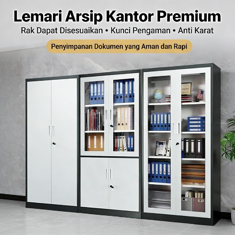 Lemari Buku Besi Anti Karat Pintu Kaca Display, Lemari Arsip Kantor Kokoh & Awet – Ready Stock