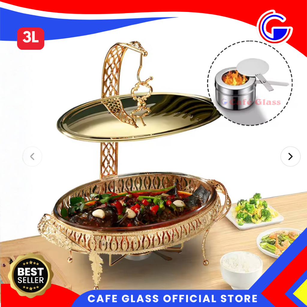 Prasmanan Set Stainless Mangkok Kaca 3L Rak Besi Gold - Wadah Saji Dengan Tutup Gantung - Chafing Di