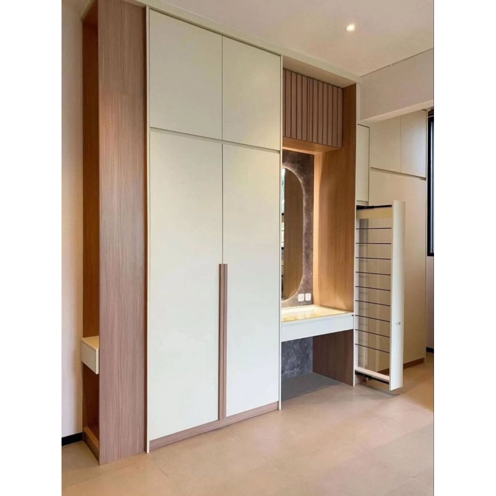 Custom Lemari Pakaian / Wardrobe + Meja Rias + Rak Display LED Minimalis Harga 1.975.000/m – Ponorog