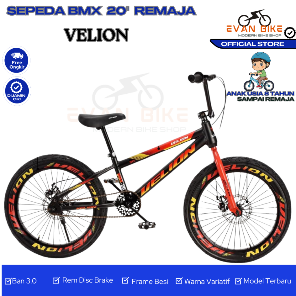 VELION Sepeda BMX 20 inch BAN JUMBO WARNA 3.0 - 2.40 - Rem Disc Brake - Vbrake untuk anak Laki usia 