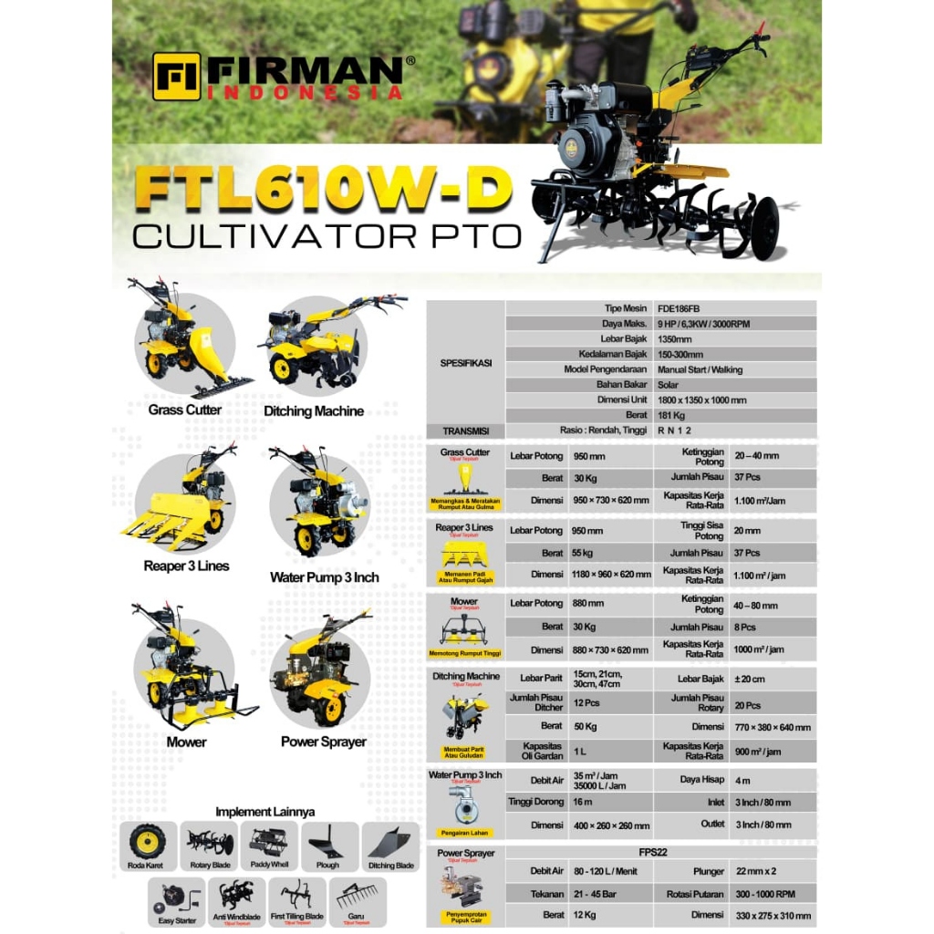 Mesin Traktor Mini Cultivator FIRMAN FTL610W-D FTL610W-G BENSIN DIESEL SOLAR / Mesin Bajak Sawah Bas