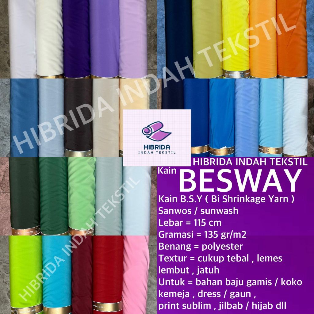 ( per 1 roll ) kain BESWAY BSY sanwos sunwash polyester lembut lebar 115 cm bahan kemeja baju gamis 