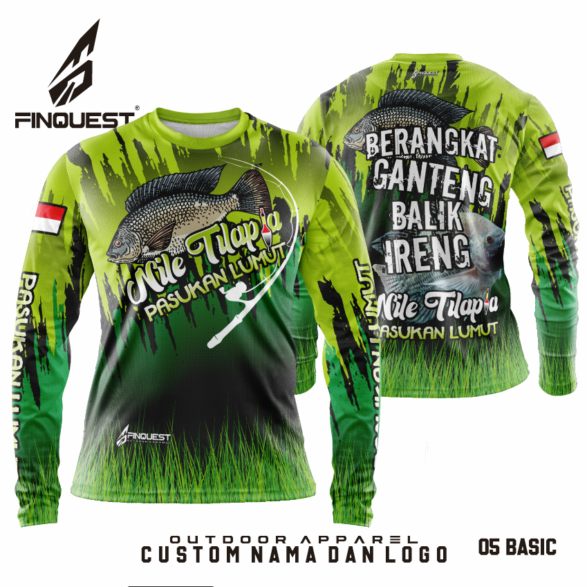FINQUEST Jersey Mancing Ikan Nila dengan Nama dan Logo Tambahan, Uniseks Pria Wanita, Berpori, Nyama