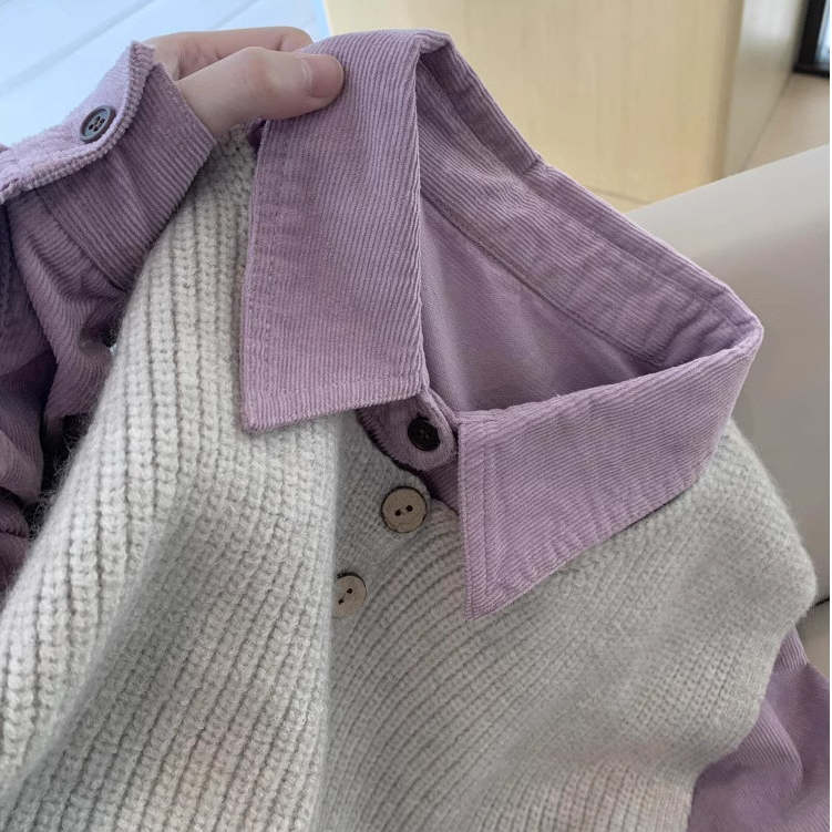 Kemeja wanita lengan panjang berbahan corduroy ungu gaya Korea model baru