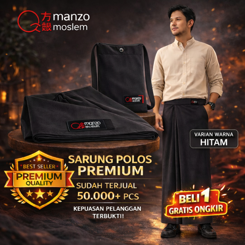 Sarung Dewasa Manzo Polos Warna HITAM | MANZO MOSLEM | Bahan Halus Tebal - Adem
