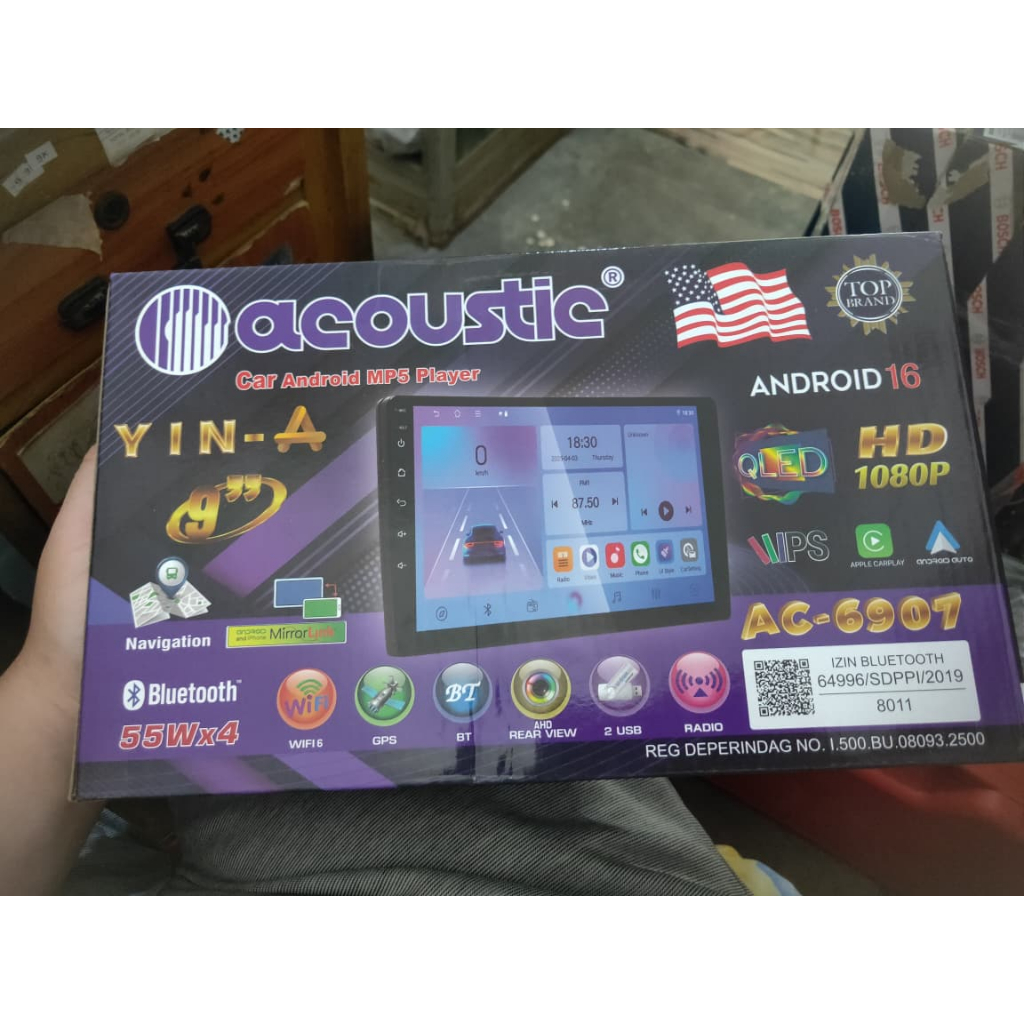Head Unit Android 9 Inch Acoustic AC-6907 YIN-A QLED Layar Sentuh Apple CarPlay Android Auto WiFi 6