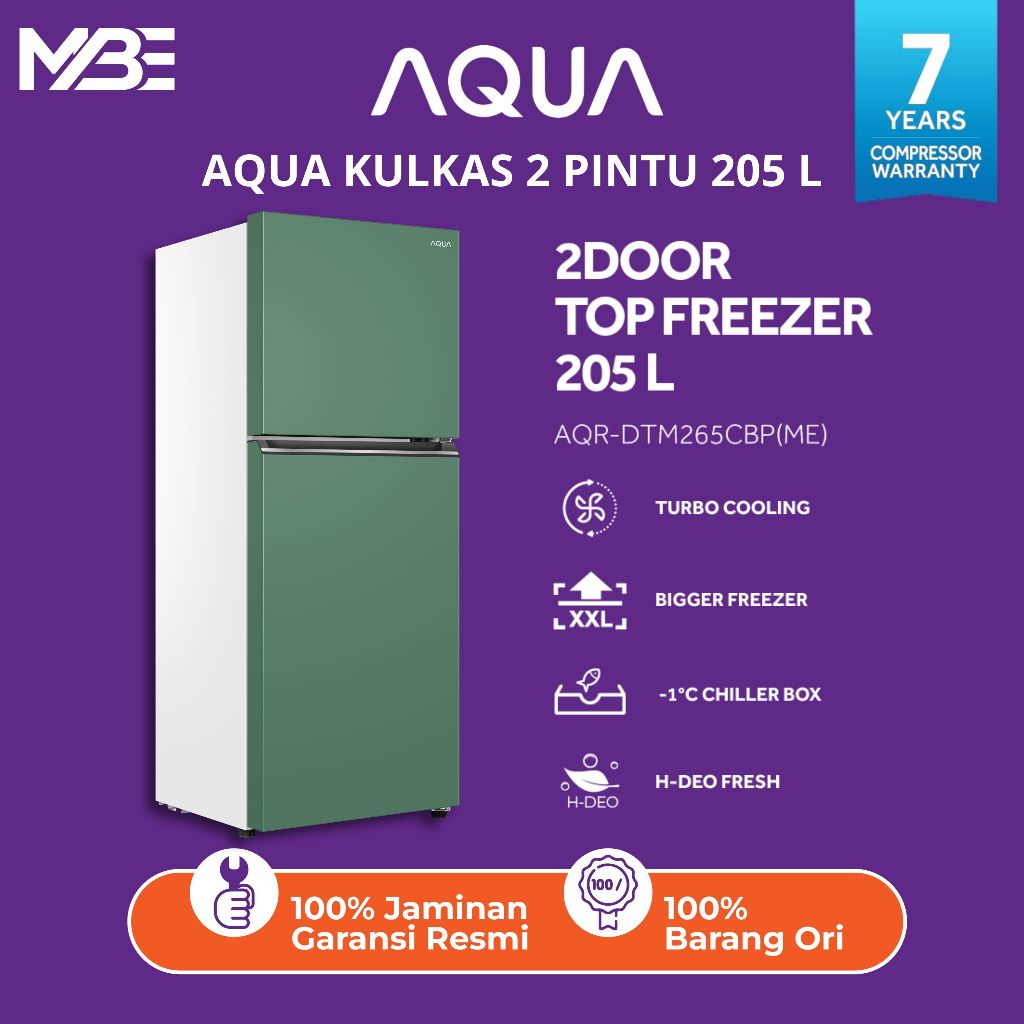 Aqua Elektronik AQR-DTM265CBP Kulkas 2 Door 205L Turbo Cooling Dengan Freezer Lebih Besar dan Chille