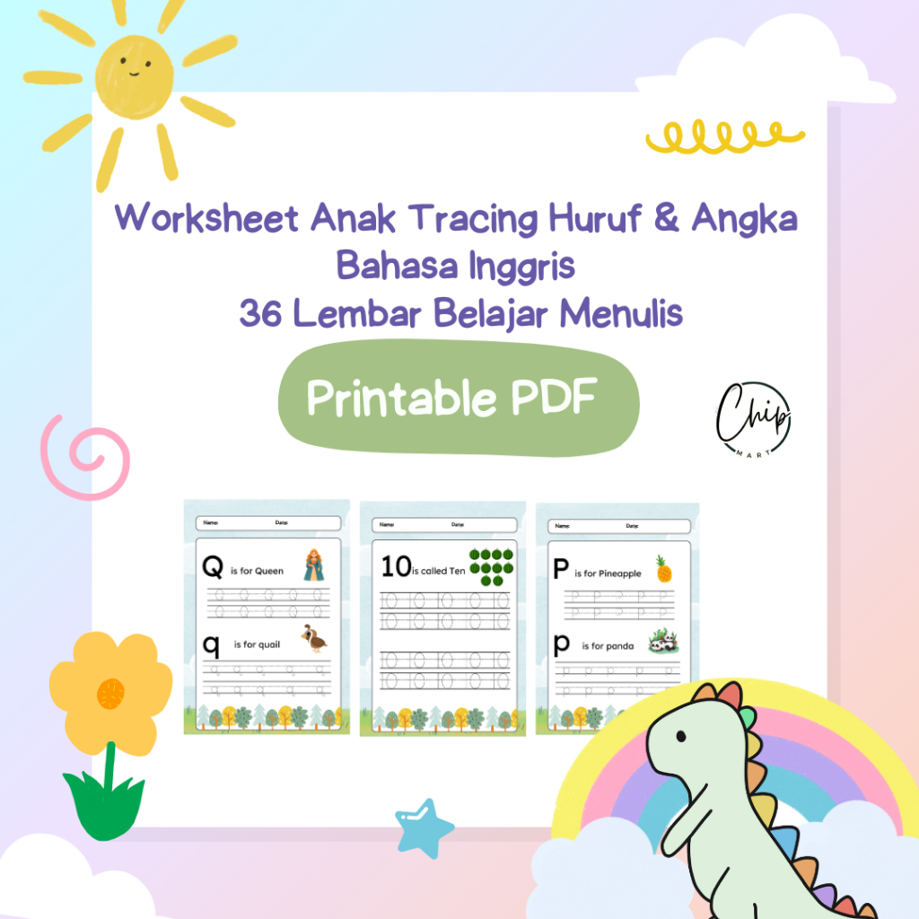 Worksheet Anak Tracing Huruf & Angka Bahasa Inggris  36 Lembar Belajar Menulis PAUD TK Printable PDF