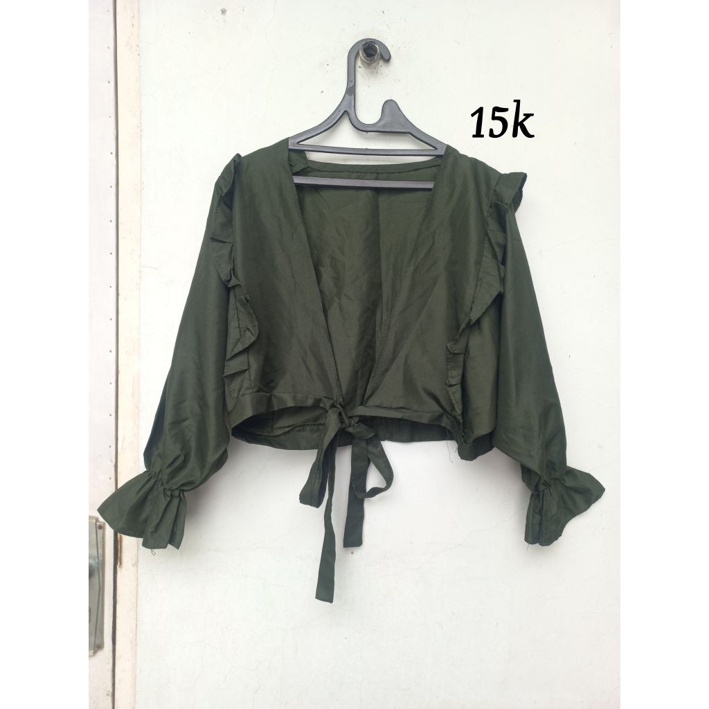 cardigan outer crop ruffle tali wanita